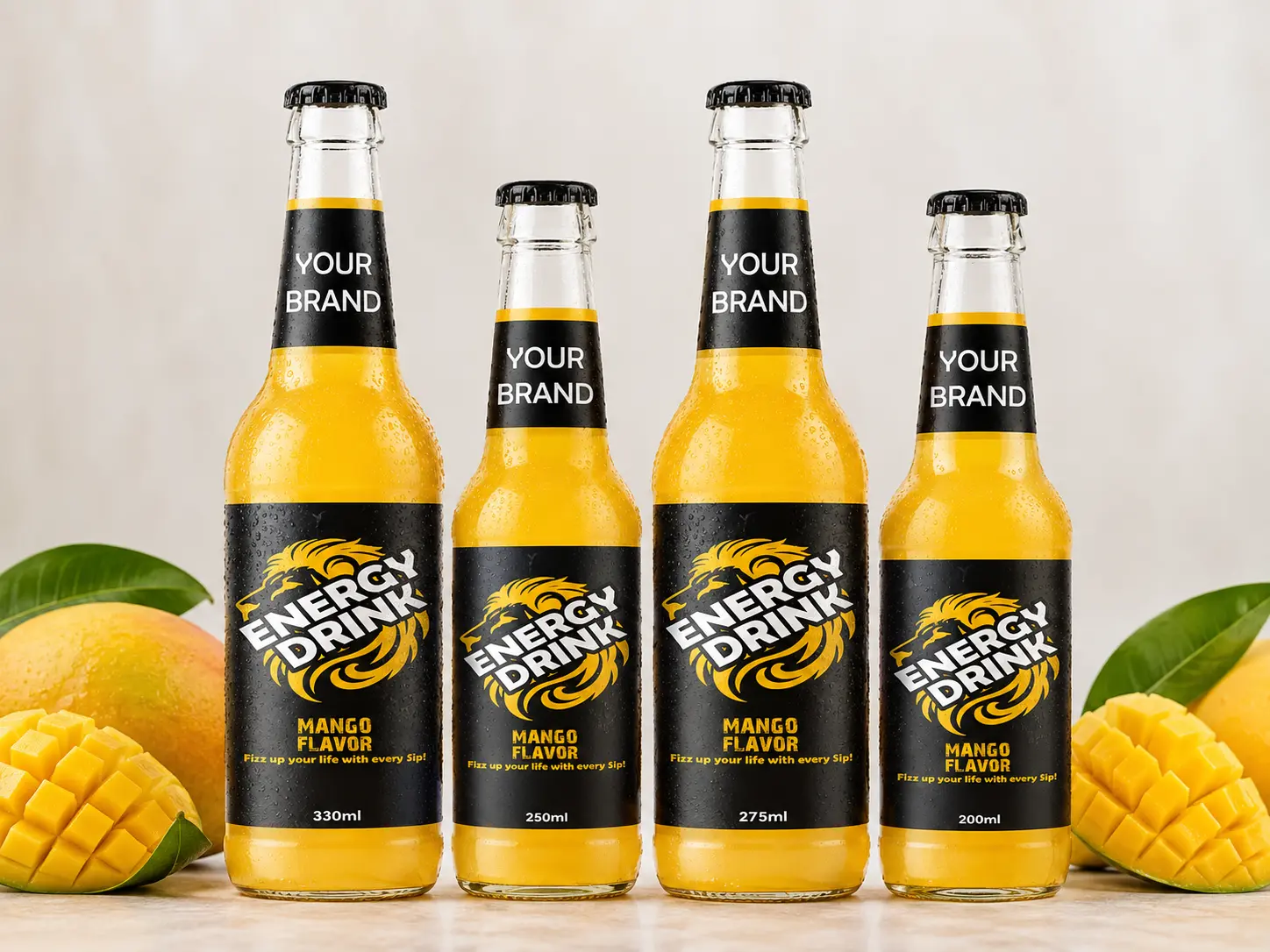 ENERGY DRINK Mango Flavor 330ml, 250ml, 275ml and 200ml glass bottles